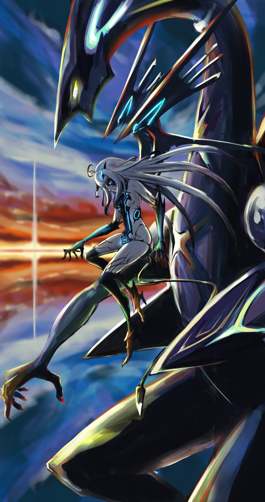 152_in_can 1girl body_markings dragon dragon_girl fairy_knight_lancelot_(third_ascension)_(fate) fate/grand_order fate_(series) highres long_hair sky white_hair wings