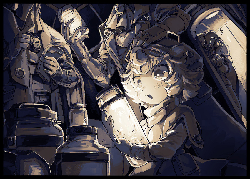 1girl 3boys ^^^ akamtvahosi animal ascot black_border bondrewd border bright_pupils brown_theme child coat commentary_request covered_face curly_hair dutch_angle gloves glowing gueira_(made_in_abyss) hands_up hat head_out_of_frame headpat highres holding holding_animal holding_jar indoors jar long_sleeves made_in_abyss mask meinya_(made_in_abyss) monochrome multiple_boys open_clothes open_coat open_mouth overcoat peeking_out pointing pouch prushka short_hair sparkle standing tube whistle whistle_around_neck