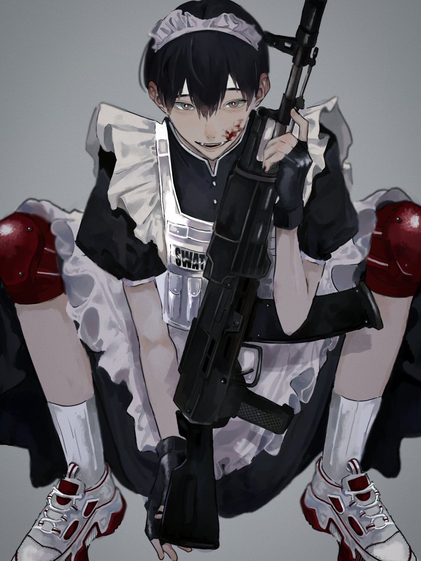 1boy absurdres apron between_legs black_dress black_gloves black_hair blood blood_on_face bulletproof_vest calf_socks crossdressing dress fangs fingerless_gloves frilled_dress frills full_body gloves glowing glowing_eyes grey_background grey_eyes gun hair_between_eyes hand_between_legs highres holding holding_gun holding_weapon knee_pads looking_at_viewer maid maid_apron maid_headdress male_focus mandarin_collar original pafujojo puffy_short_sleeves puffy_sleeves red_pupils shoes short_hair short_sleeves smile sneakers solo squatting swat weapon