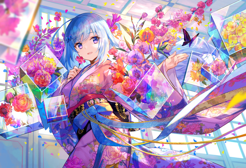 1girl absurdres ahoge blue_hair blue_ribbon blurry colorful depth_of_field emori_miku emori_miku_project floating_hair floral_print flower fuzichoco hair_ornament highres japanese_clothes kimono long_hair long_sleeves looking_at_viewer obi open_mouth pink_flower purple_flower purple_kimono ribbon sash smile solo vase very_long_hair violet_eyes wide_sleeves yukata