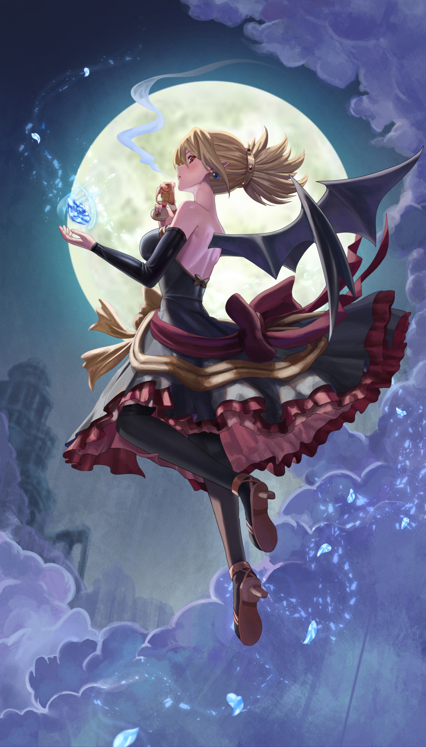 1girl absurdres bat_wings black_legwear blonde_hair bow breasts demon_girl disgaea dress flying full_body full_moon highres looking_at_viewer makai_senki_disgaea_2 moon night night_sky pantyhose pointy_ears red_eyes rozalin short_hair silvertsuki sky solo strapless strapless_dress wings yellow_bow