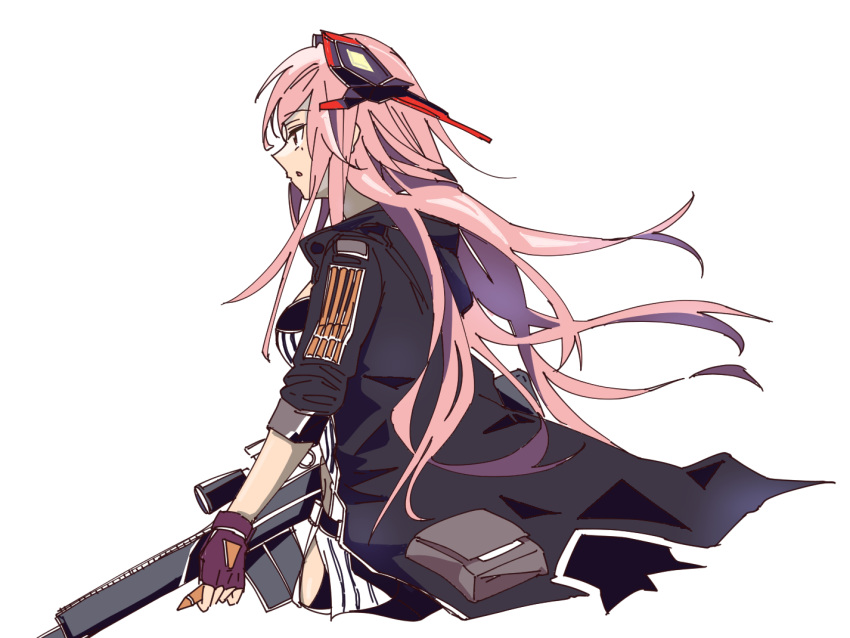 1girl bangs black_jacket cropped_torso eyebrows_visible_through_hair fingerless_gloves girls_frontline gloves gun hair_ornament holding holding_gun holding_weapon jacket long_hair looking_away m82a1_(girls'_frontline) open_clothes open_jacket open_mouth pink_hair purple_gloves shitamichi_4444 solo upper_body weapon white_background