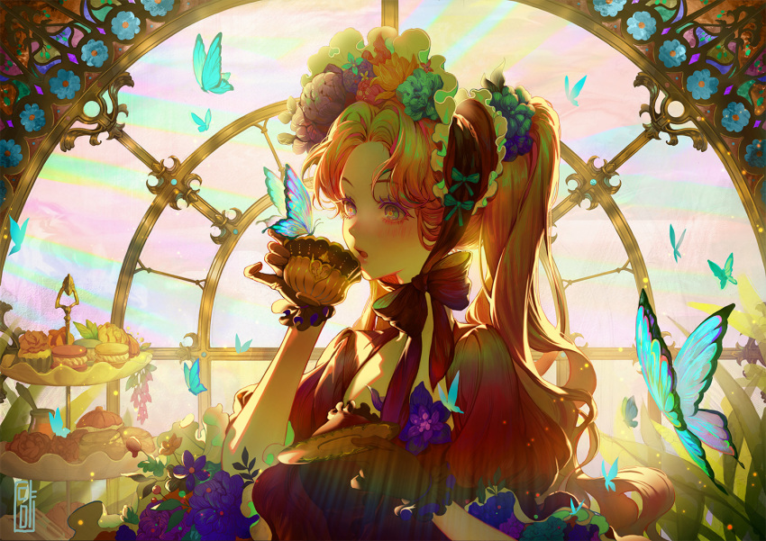 1girl blonde_hair bonnet brown_gloves bug butterfly commentary cup diami drinking english_commentary flower gloves grey_eyes light_blush long_hair open_mouth original pastry saucer short_sleeves solo teacup tiered_tray twintails upper_body