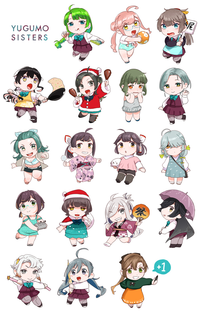 6+girls absurdres ahoge akigumo_(kancolle) akishimo_(kancolle) apron aqua_swimsuit asashimo_(kancolle) black_hair brown_hair casual_one-piece_swimsuit chibi cooking cotton_candy dress fujinami_(kancolle) glasses green_hair grey_hair grey_swimsuit grin hamanami_(kancolle) hand_fan happi hat hayanami_(kancolle) hayashimo_(kancolle) highres japanese_clothes kantai_collection kazagumo_(kancolle) kimono kishinami_(kancolle) kiyoshimo_(kancolle) long_hair makigumo_(kancolle) makinami_(kancolle) multicolored_hair multiple_girls naganami_(kancolle) official_alternate_costume ojipon okinami_(kancolle) one-piece_swimsuit paper_fan pink_hair pink_kimono placard ponytail sack santa_hat school_uniform short_hair short_ponytail sign simple_background smile stuffed_seal suzunami_(kancolle) swimsuit takanami_(kancolle) tamanami_(kancolle) twintails two-tone_hair uchiwa umbrella white_background wok yellow_apron yukata yuugumo_(kancolle)