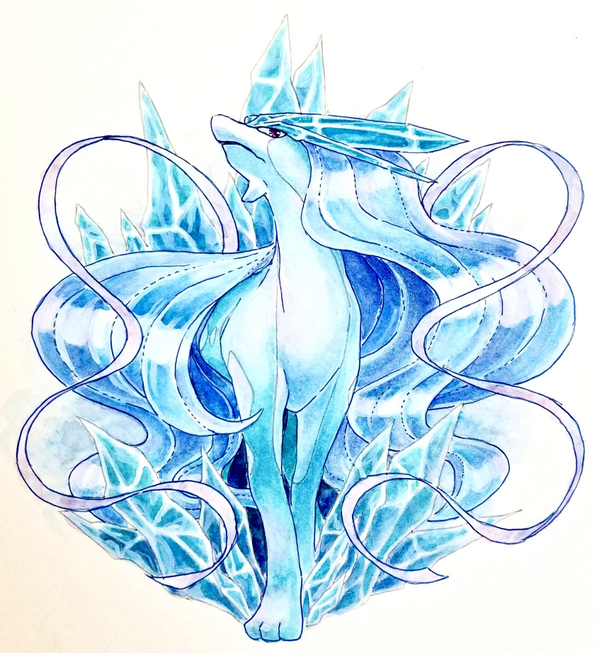 commentary_request crystal head_back highres masshu_(shu_123426) no_humans painting_(medium) pokemon pokemon_(creature) solo standing suicune toes traditional_media watercolor_(medium) white_background