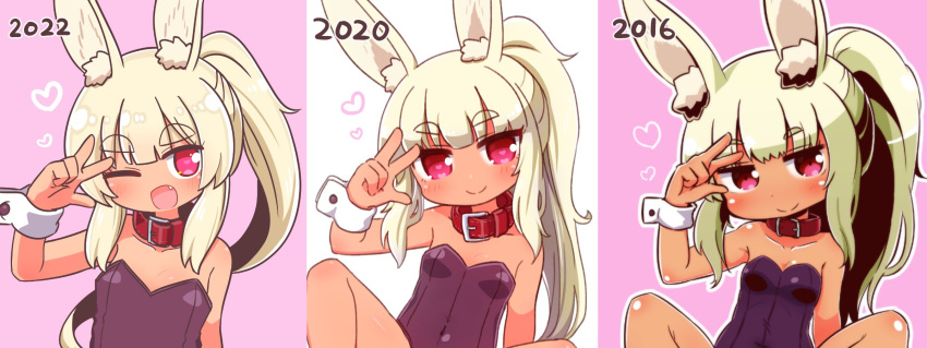 1girl 2016 2020 2022 ;d animal_ear_fluff animal_ears artist_progress bangs bare_shoulders blonde_hair blush breasts closed_mouth collar commentary_request covered_navel eyebrows_visible_through_hair fang hand_up heart heart-shaped_pupils highres leotard long_hair looking_at_viewer masurao_2_(sekaiju) multiple_views naga_u one_eye_closed ponytail purple_leotard rabbit_ears red_collar sekaiju_no_meikyuu sekaiju_no_meikyuu_5 small_breasts smile strapless strapless_leotard symbol-shaped_pupils thick_eyebrows upper_body very_long_hair violet_eyes wrist_cuffs