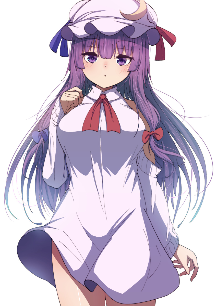 1girl absurdres alternate_costume bare_shoulders blue_bow blush bow breasts cowboy_shot crescent crescent_hat_ornament darumoon detached_sleeves dress eyebrows_visible_through_hair hair_bow hat hat_ornament highres large_breasts long_hair mob_cap parted_lips patchouli_knowledge purple_dress purple_hair purple_headwear red_bow simple_background solo touhou violet_eyes white_background