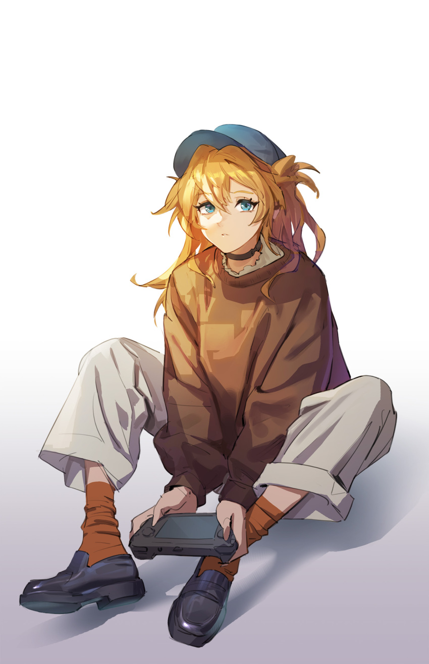 1girl absurdres blue_eyes breasts c.x.c choker commentary_request eyebrows_visible_through_hair highres long_hair looking_at_viewer mary_janes messy_hair neon_genesis_evangelion orange_hair shadow shoes simple_background socks solo souryuu_asuka_langley steam_deck sweater tsurime