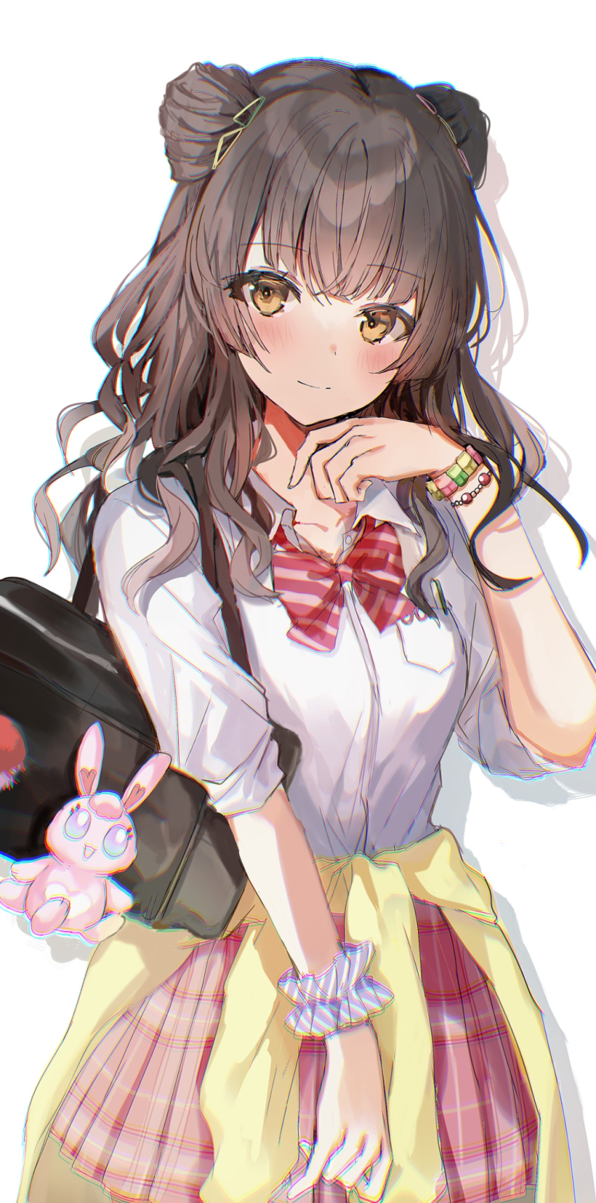 1girl bag bangs black_hair blunt_bangs blush bow bowtie bracelet cardigan cardigan_around_waist clothes_around_waist collarbone double_bun eyebrows_visible_through_hair gyaru hair_ornament hairclip highres idolmaster idolmaster_shiny_colors jewelry kogal light_smile long_hair looking_at_viewer loose_bowtie mayuzumi_fuyuko open_collar pink_skirt plaid plaid_skirt pleated_skirt school_bag school_uniform scrunchie shirt simple_background skirt solo toka_(kdzh8873) wavy_hair white_background white_shirt wrist_scrunchie