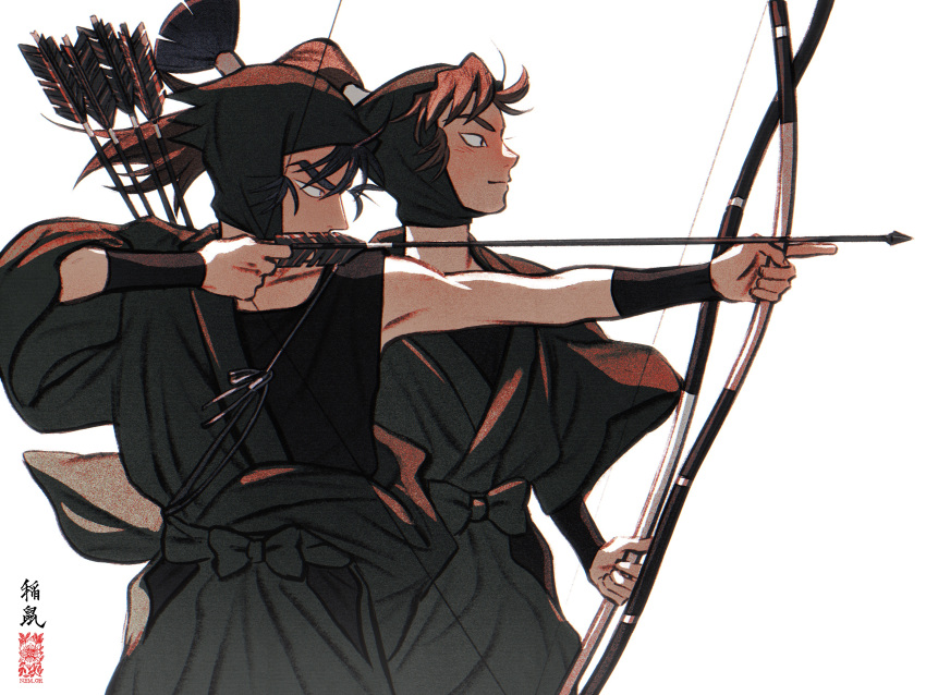 2boys absurdres aiming arm_guards arrow_(projectile) bangs black_hair bow_(weapon) brown_hair closed_mouth covered_mouth cowboy_shot drawing_bow focused from_side hadanugi_dousa hair_tubes head_scarf high_ponytail highres hip_vent holding holding_arrow holding_bow_(weapon) holding_weapon ine_(zx_o4) japanese_clothes kema_tomesaburou long_hair long_sleeves looking_away male_focus multiple_boys ninja outstretched_arm ponytail profile rakudai_ninja_rantarou sash simple_background smile weapon white_background zenpouji_isaku
