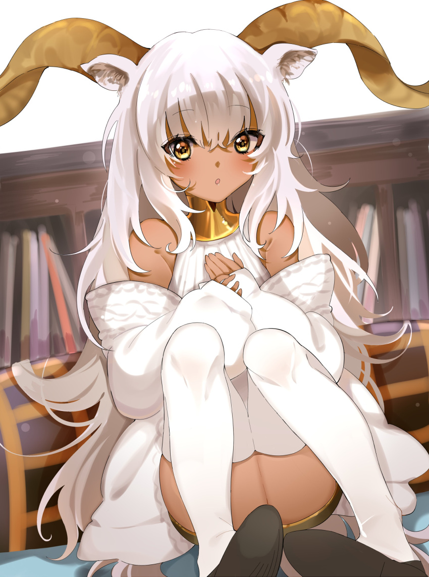 1girl :o absurdres animal_ears arknights bangs bare_shoulders beeswax_(arknights) black_footwear bookshelf dark-skinned_female dark_skin english_commentary eyebrows_visible_through_hair eyelashes full_body goat_ears goat_girl goat_horns hand_on_own_chest highres horns indoors long_hair looking_at_viewer off_shoulder open_mouth pencilanon sidelocks sitting sleeves_past_wrists solo very_long_hair white_background white_hair white_legwear white_sleeves yellow_eyes