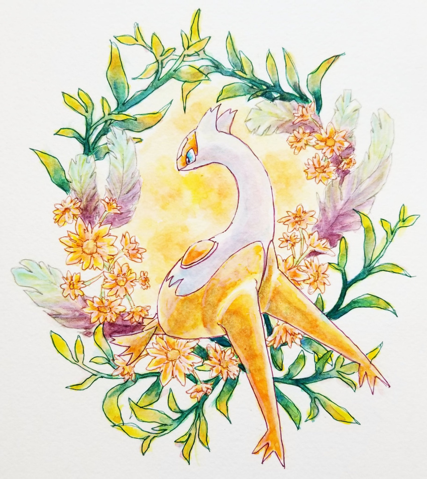 alternate_color blue_eyes commentary_request flower full_body highres latias leaf masshu_(shu_123426) no_humans painting_(medium) plant pokemon pokemon_(creature) shiny_pokemon solo traditional_media vines watercolor_(medium)