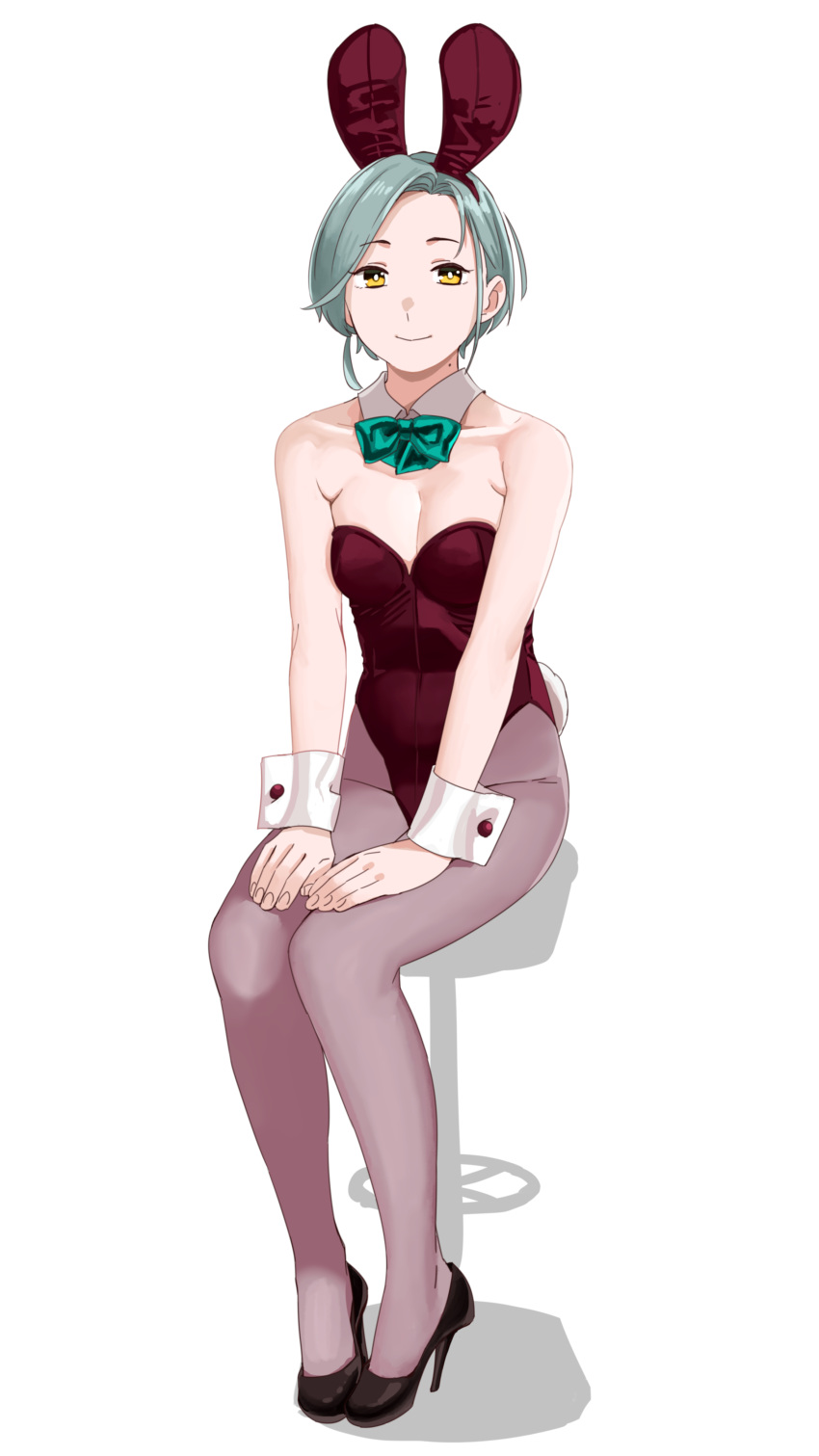 1girl absurdres alternate_costume animal_ears black_footwear bow bowtie breasts detached_collar fake_animal_ears full_body grey_hair grey_legwear hands_on_lap high_heels highres kantai_collection leotard looking_at_viewer mole mole_on_neck ojipon pantyhose playboy_bunny red_leotard short_hair simple_background sitting small_breasts smile solo stool tamanami_(kancolle) white_background wrist_cuffs yellow_eyes