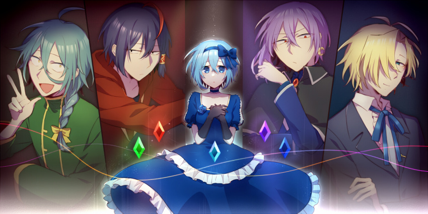 1girl 4boys :d :o ahoge antenna_hair aqua_hair ashe_bradley bangs black_capelet black_eyes black_gloves black_hair blonde_hair blue_bow blue_choker blue_dress blue_eyes blue_gemstone blue_hair blue_hairband blue_jacket blue_ribbon blue_shirt bow bow_hairband braid brooch capelet center_frills choker claire_elford closed_mouth collared_capelet collared_shirt column_lineup cowboy_shot crescent crescent_earrings crossed_bangs dress dress_flower earrings expressionless frilled_choker frilled_dress frills gem gloves green_gemstone green_shirt hair_between_eyes hair_bow hair_over_one_eye hair_tubes hairband hand_up hands_on_own_chest hood hoodie jacket jewelry lapel_pin layered_dress long_hair looking_at_viewer mary_(14476764) multicolored_hair multiple_boys neck_ribbon noel_levine own_hands_together puffy_short_sleeves puffy_sleeves purple_gemstone purple_hair red_eyes red_gemstone red_hoodie redhead ribbon sanpaku shirt short_hair short_sleeves single_braid single_earring sirius_gibson smile spotlight straight-on streaked_hair string v-shaped_eyebrows w white_shirt wilardo_adler witch's_heart yellow_bow yellow_eyes