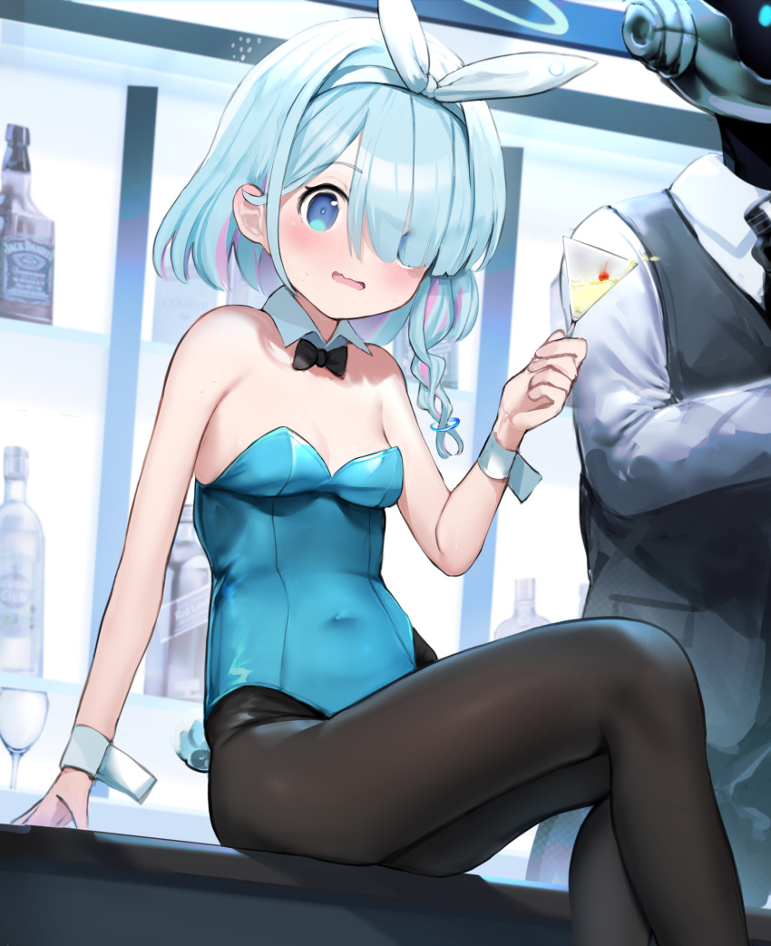 1girl 1other animal_ears arona_(blue_archive) bangs bare_shoulders bartender black_bow black_legwear blue_archive blue_eyes blue_hair blush bow bowtie braid breasts champagne_flute covered_navel cup detached_collar drinking_glass fake_animal_ears feet_out_of_frame flying_sweatdrops hair_over_one_eye hairband halo highres holding leotard looking_at_viewer multicolored_hair open_mouth pantyhose pink_hair playboy_bunny rabbit_ears robot short_hair sitting small_breasts solo_focus somray strapless strapless_leotard tail wine_glass wrist_cuffs