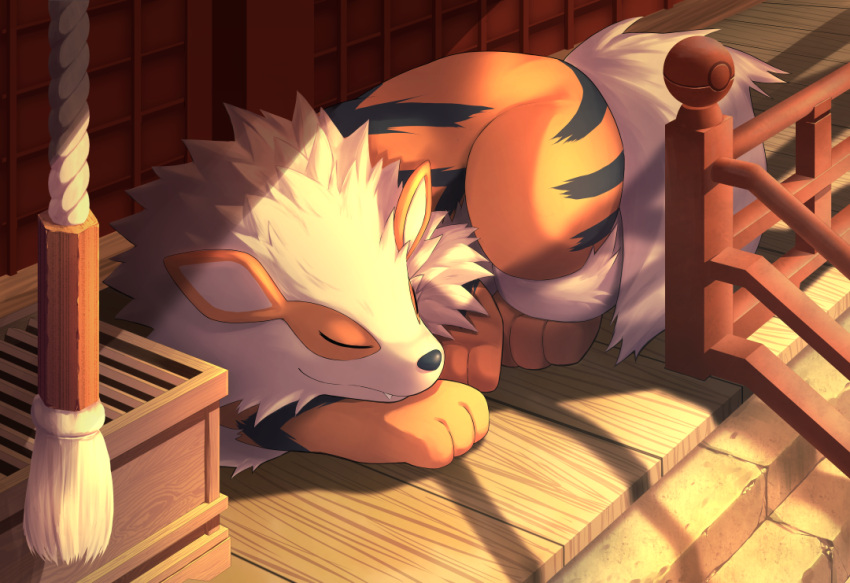 arcanine boriku_(auuc3857) closed_eyes closed_mouth commentary_request fang fang_out fence lying no_humans on_stomach pokemon pokemon_(creature) rope sleeping solo wooden_floor