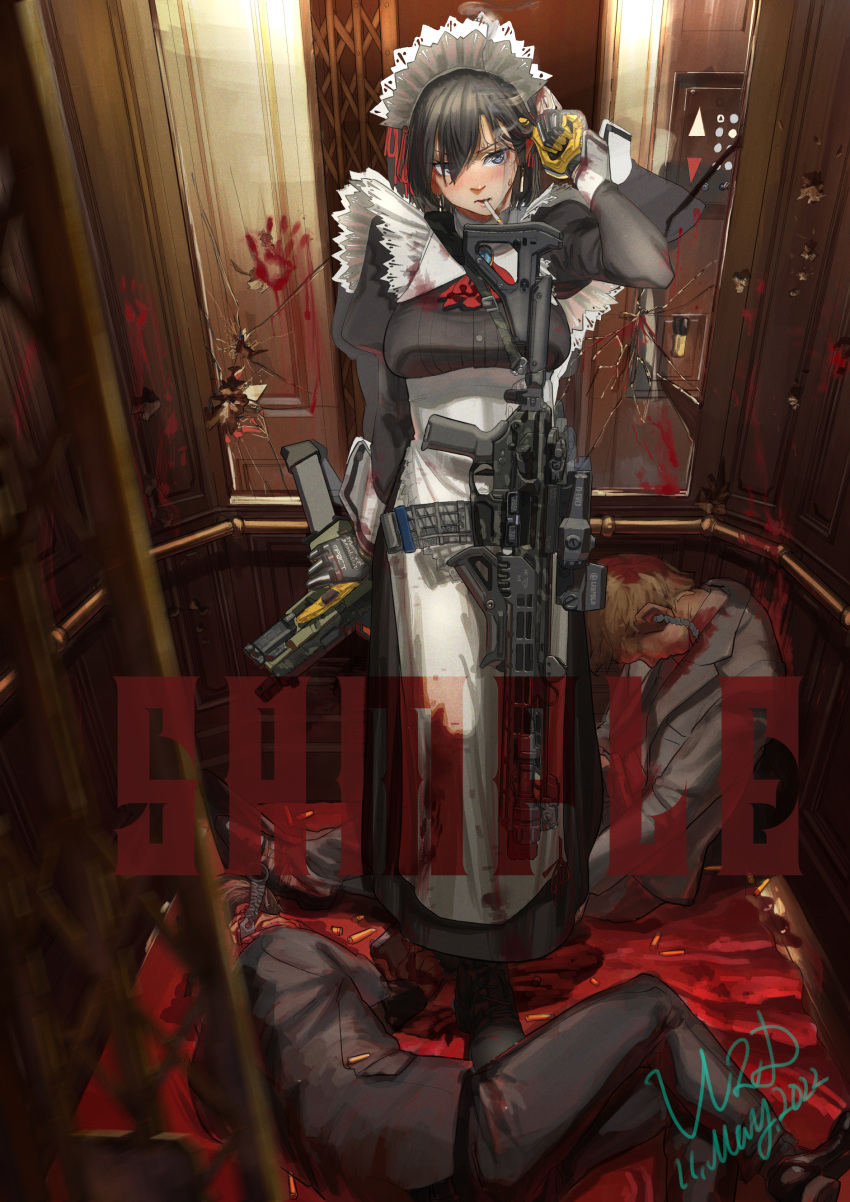 1girl 2boys absurdres artist_name assault_rifle blood blood_on_clothes blood_splatter commission corpse gun hand_print handgun highres holding holding_gun holding_weapon maid multiple_boys original rifle sample_watermark signature skeb_commission tactical_clothes utsuda weapon