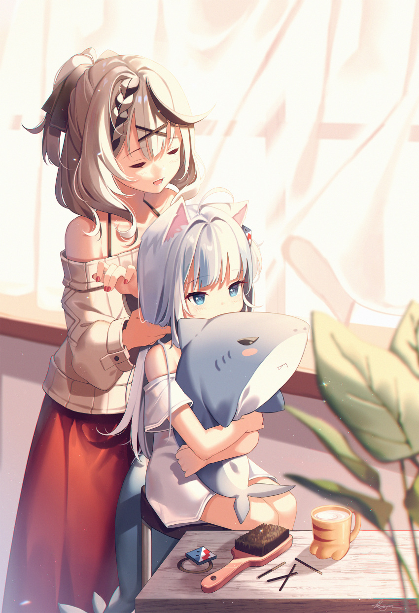 2girls absurdres adjusting_another's_hair ahoge animal_ears bare_shoulders black_hair blue_eyes blue_hair blush braid breasts cat_ears closed_eyes cup curtains doll_hug dress eyebrows_visible_through_hair fish_tail gawr_gura grey_hair grey_sweater hair_brush hair_ornament hair_ornament_removed half_updo halterneck highres hololive hololive_english indoors kuri_(animejpholic) long_hair long_sleeves medium_hair multicolored_hair multiple_girls nail_polish object_hug off-shoulder_dress off-shoulder_sweater off_shoulder on_stool open_mouth plant red_nails red_skirt sakamata_chloe shark_hair_ornament shark_tail short_sleeves signature sitting skirt standing streaked_hair stuffed_animal stuffed_shark stuffed_toy sweater tail virtual_youtuber white_dress x_hair_ornament