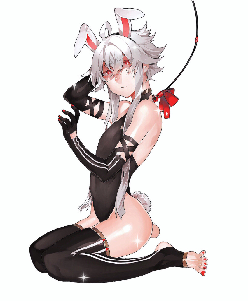 1boy ahoge animal_ears arm_up bare_shoulders black_gloves black_hairband black_leotard bow bright_pupils check_copyright closed_mouth copyright_request covered_navel elbow_gloves eyebrows_visible_through_hair eyes_visible_through_hair fake_animal_ears fake_tail fingernails gloves hair_between_eyes hairband highres leash leotard long_hair male_focus nails_visible_through_gloves original rabbit_ears rabbit_tail red_bow red_eyes red_nails shiny shiny_skin simple_background sitting skindentation solo star_(symbol) star_print tail toenails turtle wariza white_hair white_pupils xxlucifer13xx