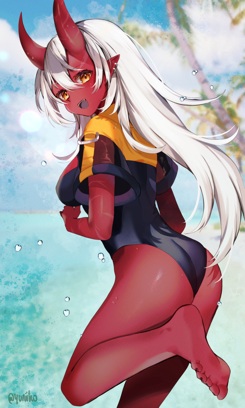 1girl :d akumi_(yoclesh) ass bangs bare_legs barefoot beach blue_swimsuit breasts brown_eyes colored_skin ear_piercing feet from_side hair_between_eyes highres horns large_breasts long_hair looking_at_viewer looking_to_the_side nail_polish one-piece_swimsuit oni oni_horns piercing pointy_ears red_skin short_sleeves smile soles solo standing standing_on_one_leg swimsuit toenail_polish toenails toes very_long_hair virtual_youtuber vyugen white_hair yuniiho