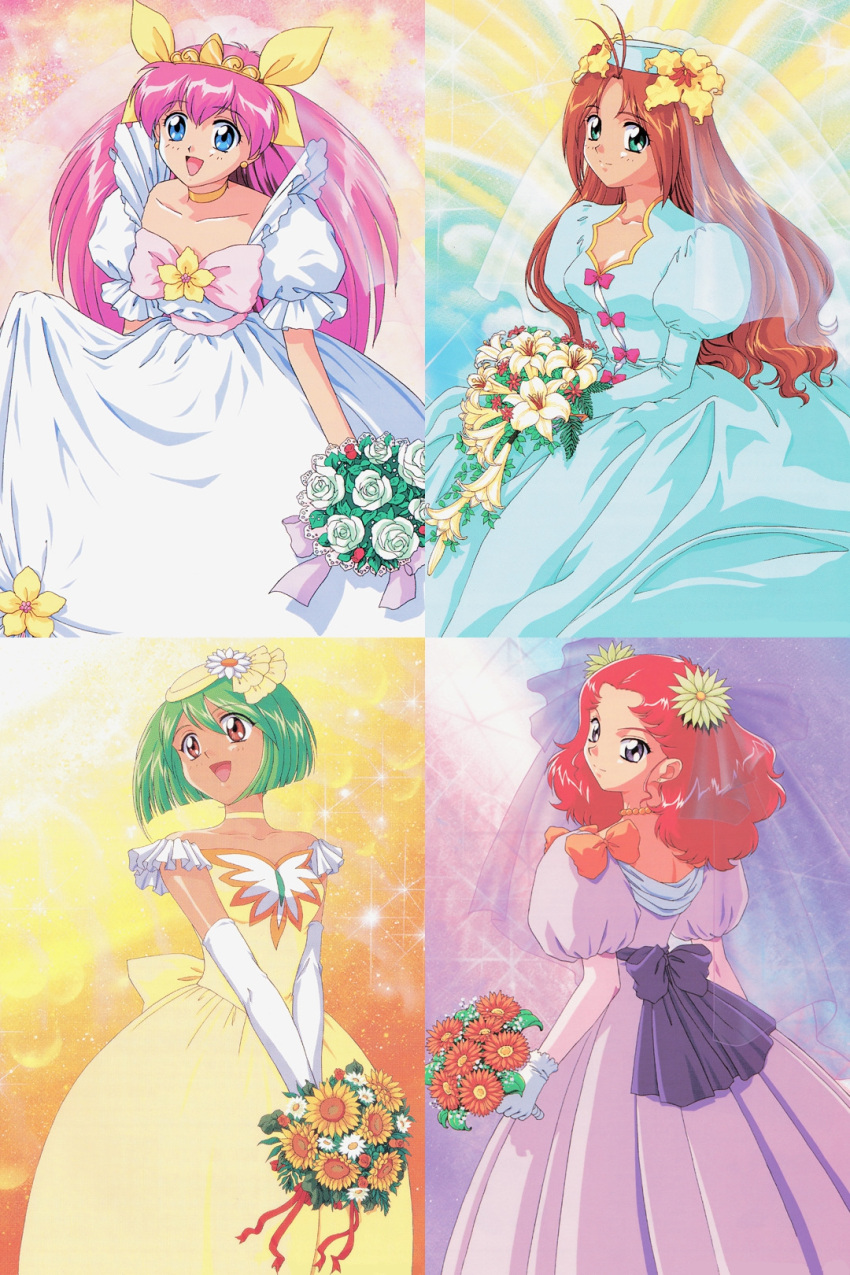 1990s_(style) 4girls ai_tenshi_densetsu_wedding_peach angel_daisy angel_lily angel_salvia aqua_eyes back_bow bead_necklace beads blue_dress blue_eyes bouquet bow brown_hair choker collarbone dress earrings elbow_gloves flower gloves green_hair hair_flower hair_ornament hanasaki_momoko hat highres holding holding_bouquet holding_flower jewelry juliet_sleeves long_dress long_hair long_sleeves multiple_girls necklace non-web_source official_art open_mouth pink_dress pink_hair puffy_short_sleeves puffy_sleeves red_eyes redhead retro_artstyle scarlet_ohara short_hair short_sleeves smile tamano_hinagiku tanima_yuri tiara v_arms veil violet_eyes wedding_peach white_dress white_gloves yellow_choker yellow_dress