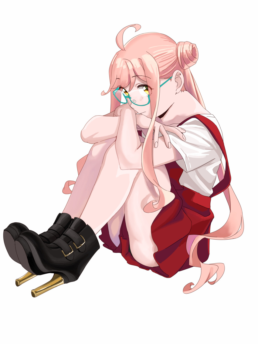 1girl absurdres ahoge alternate_costume bangs black_footwear boots closed_mouth double_bun eyebrows_visible_through_hair full_body glasses high_heel_boots high_heels highres hugging_own_legs kantai_collection long_hair looking_at_viewer makigumo_(kancolle) ojipon red_skirt shirt short_sleeves sidelocks simple_background sitting skirt solo suspender_skirt suspenders twintails white_background white_shirt yellow_eyes