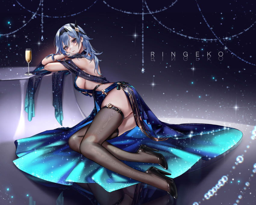 1girl alcohol alternate_costume artist_name ass backless_dress backless_outfit black_gloves black_hairband black_legwear blue_dress blue_hair blurry breasts champagne champagne_flute commission cup depth_of_field dress drinking_glass eula_(genshin_impact) full_body genshin_impact gloves hair_ornament hairband high_heels highres looking_at_viewer medium_breasts medium_hair moire ringeko-chan sideboob solo space_print sparkle starry_sky_print thigh-highs violet_eyes