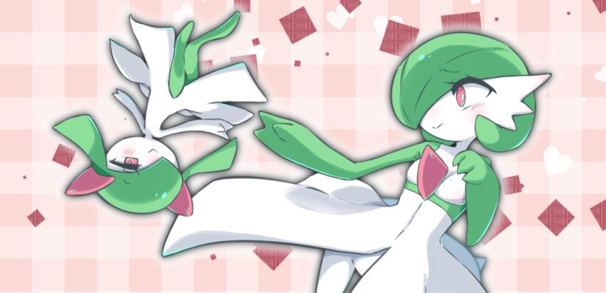 2girls :&gt; arm_up bangs blush bright_pupils chocolate closed_mouth colored_skin commentary_request eye_contact flat_chest full_body gardevoir green_hair green_skin hair_over_one_eye half-closed_eyes hand_up happy heart kirlia looking_at_another m3_(gardevoir_m3) multicolored_skin multiple_girls one_eye_covered plaid plaid_background pokemon pokemon_(creature) reaching red_eyes rotational_symmetry short_hair smile split_mouth textless two-tone_skin upside-down white_pupils white_skin