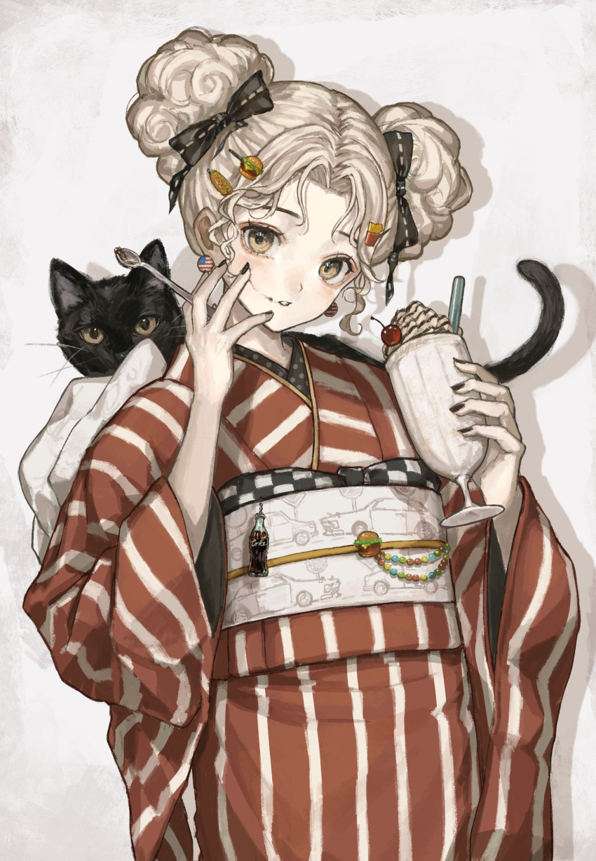 1girl black_cat cat cherry cracked_skin cup curly_hair drinking_straw food food-themed_hair_ornament fruit hair_ornament highres holding holding_cup holding_spoon japanese_clothes kimono looking_at_viewer milkshake original retro_artstyle sayosny2 simple_background solo spoon white_hair yellow_eyes