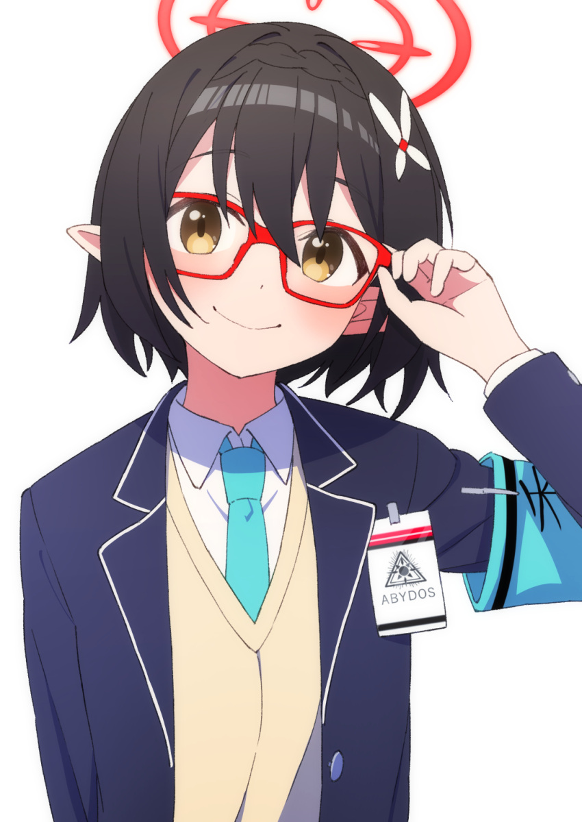 1girl afnroll armband ayane_(blue_archive) bangs black_hair blazer blue_archive blue_necktie collared_shirt flower hair_flower hair_ornament halo highres id_card jacket long_sleeves necktie pointy_ears red-framed_eyewear shirt short_hair simple_background smile sweater_vest yellow_eyes