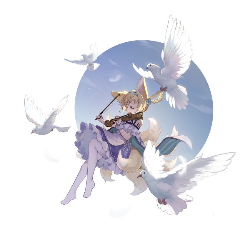 1girl absurdres animal_ears arknights bare_shoulders bird blonde_hair blue_bow blue_dress blue_hairband blue_sky border bow bow_(music) braid closed_eyes clouds day dove dress floating fox_ears fox_tail hair_bow hairband highres holding holding_instrument instrument kitsune kyuubi long_hair multiple_tails oripathy_lesion_(arknights) outside_border pantyhose revision shio_(7203802) sky solo suzuran_(arknights) tail two-tone_dress violin white_border white_dress white_legwear white_wrist_cuffs