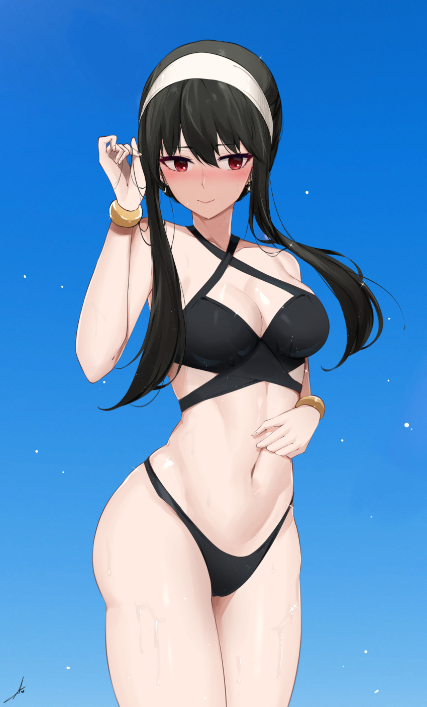 1girl bangs bikini black_bikini black_hair blue_sky blush breasts closed_mouth cowboy_shot earrings eyebrows_visible_through_hair feint721 floating_hair gold_bracelet hairband hand_up highleg highleg_bikini highres jewelry light_smile long_hair looking_at_viewer medium_breasts multi-strapped_bikini navel red_eyes sidelocks signature sky solo spy_x_family stomach swimsuit thighs white_hairband yor_briar