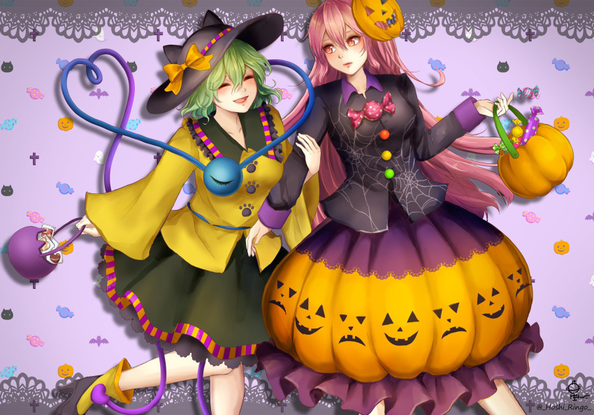 2girls adapted_costume alternate_color animal_ears black_headwear boots bubble_skirt candy cat_ears closed_mouth collared_shirt commentary_request food green_skirt halloween halloween_bucket halloween_costume happy hat hata_no_kokoro highres holding hoshiringo0902 komeiji_koishi lips long_hair long_sleeves mask mask_on_head multiple_girls open_mouth orange_skirt pink_eyes pink_hair shirt skirt spider_web_print touhou very_long_hair white_shirt wide_sleeves yellow_shirt