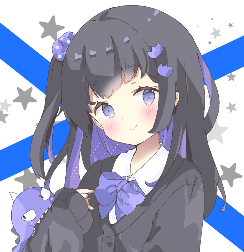 1girl bangs black_cardigan black_hair blush bow cardigan closed_mouth collared_shirt eyebrows_visible_through_hair hair_bobbles hair_ornament highres long_hair long_sleeves looking_at_viewer one_side_up original purple_bow shirt sleeves_past_wrists smile solo starry_background thick_eyebrows tsukiyo_(skymint) upper_body violet_eyes white_background white_shirt