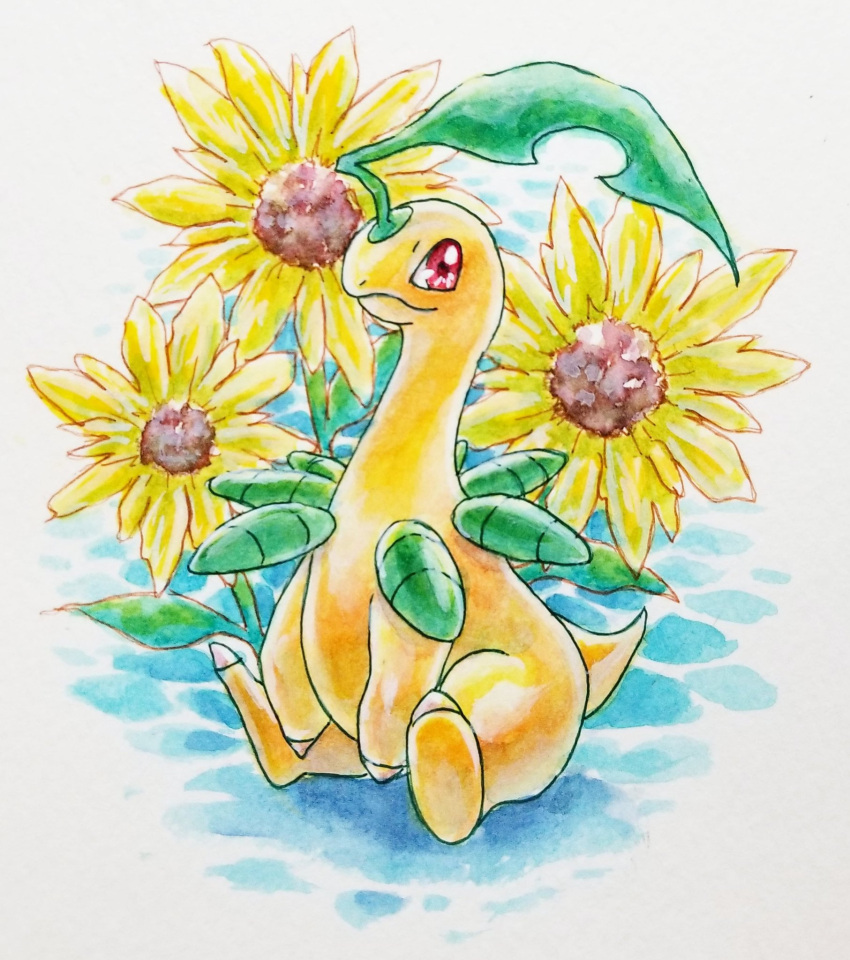 bayleef closed_mouth commentary_request flower full_body highres looking_at_viewer masshu_(shu_123426) no_humans painting_(medium) pokemon pokemon_(creature) red_eyes sitting smile solo traditional_media watercolor_(medium) yellow_flower