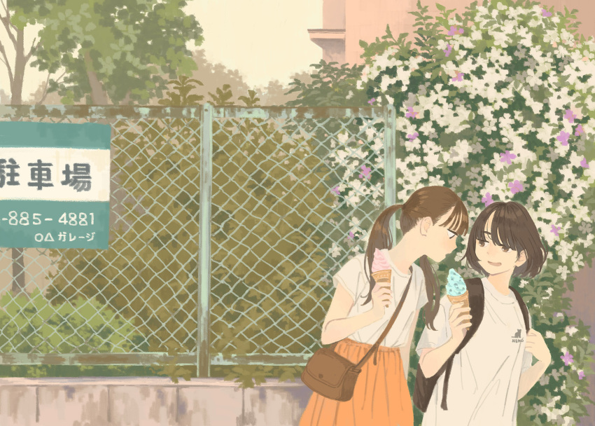 2girls backpack bag black_bag black_hair blush brown_bag brown_hair building flower food highres holding holding_food inoue_haruka_(haruharu210) leaf long_hair medium_hair multiple_girls open_mouth original outdoors plant profile shirt shirt_tucked_in short_sleeves shoulder_bag twintails upper_body white_flower white_shirt