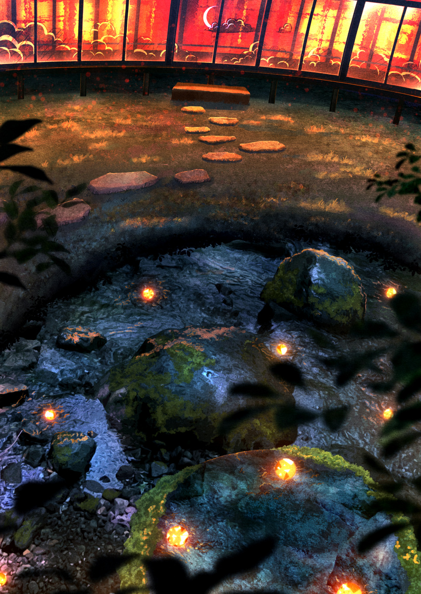 absurdres blurry building clouds commentary_request depth_of_field fireflies garden grass highres leaf moss night no_humans original outdoors pond reflection rock scenery shuu_illust stone window