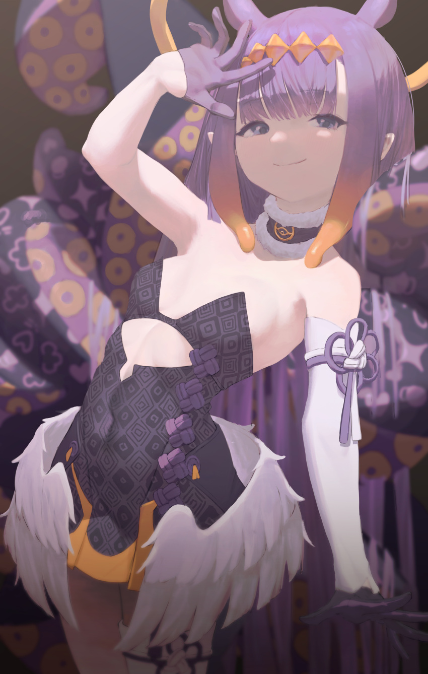 1girl absurdres bare_shoulders blue_eyes choker closed_mouth covered_navel eyebrows_visible_through_hair frilled_choker frills gloves gradient gradient_hair half_gloves halo highres hololive hololive_english hwoi_(hw_123) long_hair mini_wings multicolored_hair ninomae_ina'nis orange_hair patterned patterned_clothing purple_choker purple_gloves purple_hair single_thighhigh smile solo tentacle_hair tentacles thigh-highs very_long_hair virtual_youtuber white_legwear wings