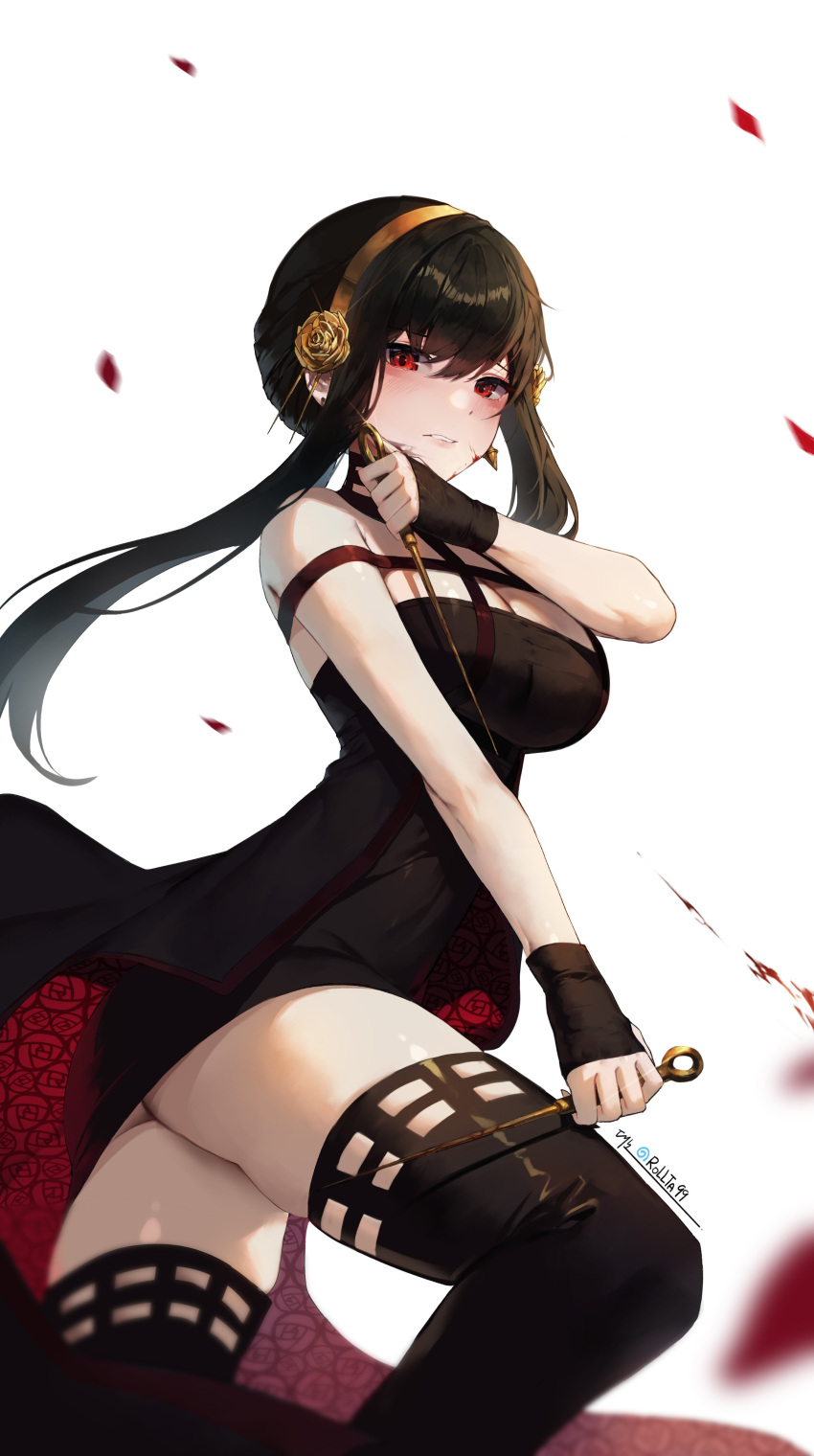 1girl absurdres ass bangs black_dress black_gloves black_hair black_legwear blood blurry blush breasts daeno dagger depth_of_field dress earrings falling_petals floating_hair floral_print flower from_side gloves gold_earrings gold_hairband hair_flower hair_ornament hand_up highres holding holding_dagger holding_weapon jewelry knee_up knife large_breasts long_hair looking_at_viewer parted_lips petals reverse_grip rose rose_petals rose_print sidelocks skindentation solo spikes spy_x_family thigh-highs thighs two-sided_dress two-sided_fabric weapon white_background yor_briar
