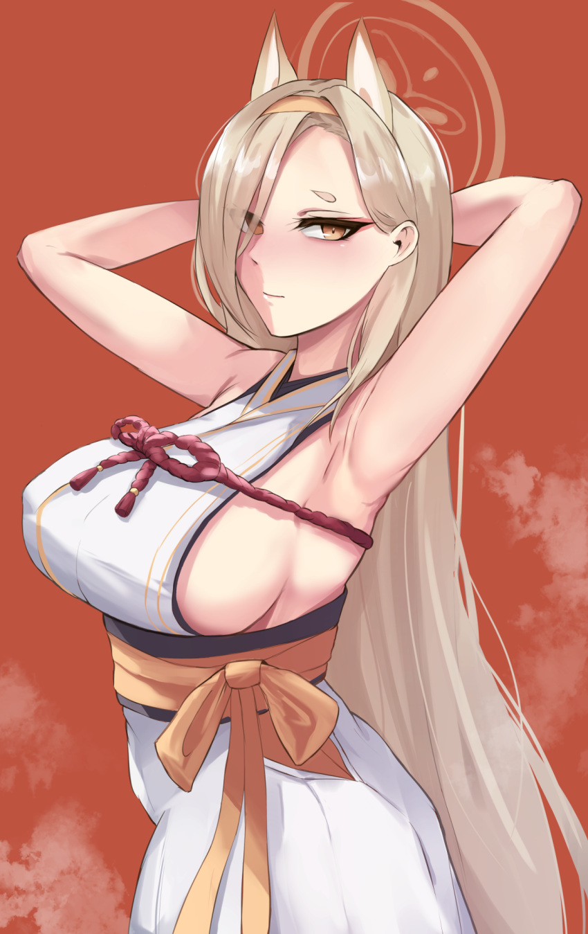 1girl animal_ears armpits arms_up bare_arms bare_shoulders blue_archive blush breasts brown_eyes brown_hair closed_mouth from_side halo highres kaho_(blue_archive) large_breasts long_hair looking_at_viewer orange_background sideboob simple_background sleeveless smile solo tyamurai33