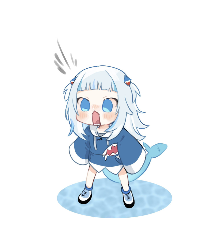 1girl blue_footwear blue_hair blue_hoodie blush chibi fish_tail gawr_gura highres hololive hololive_english hood hoodie leaning_forward looking_ahead multicolored_hair open_mouth shark_tail sharp_teeth shoes sleeves_past_fingers sleeves_past_wrists sneakers solo streaked_hair su_su tail teeth two_side_up virtual_youtuber water white_background