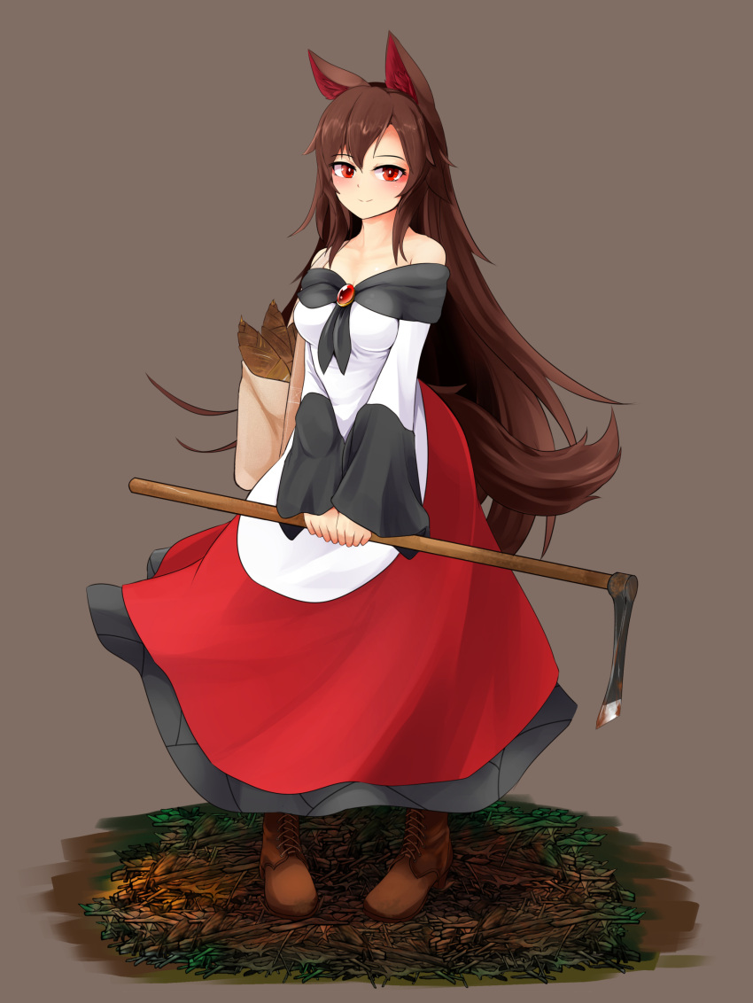 1girl absurdres animal_ears boots brooch brown_hair dress highres hoe imaizumi_kagerou jewelry light_smile long_hair long_sleeves looking_at_viewer nama_shirasu off-shoulder_dress off_shoulder red_eyes solo tail touhou white_dress wolf_ears wolf_girl wolf_tail
