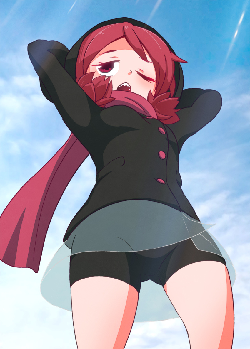 1girl arms_behind_head arms_up bike_shorts black_jacket blue_sky commentary_request day highres hood hood_up hooded_jacket jacket kemurikusa long_sleeves looking_away one_eye_closed open_mouth outdoors red_eyes red_scarf redhead riku_(kemurikusa) sat-c scarf see-through see-through_skirt sharp_teeth skirt sky solo teeth wince