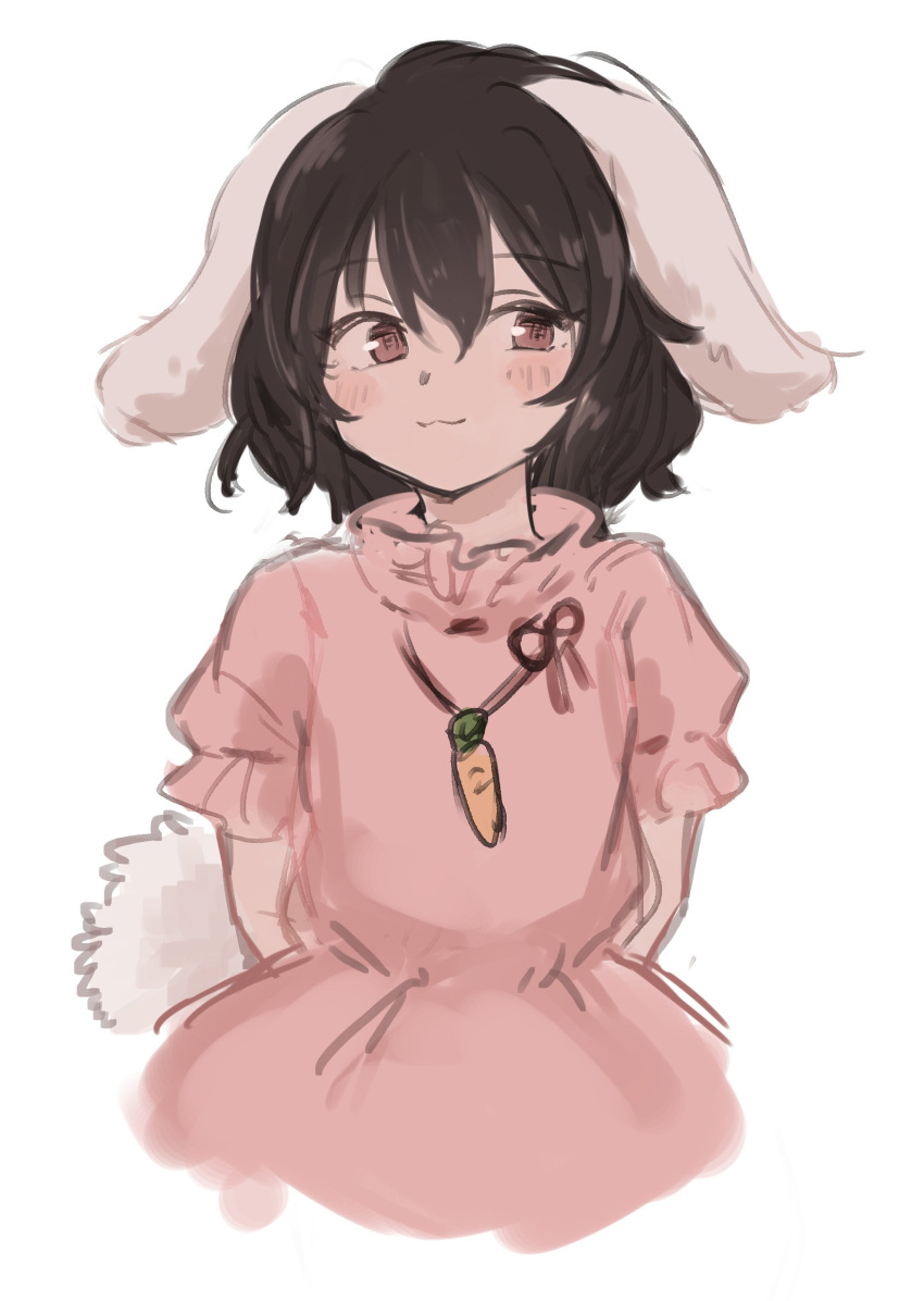 1girl :3 absurdres bangs brown_eyes carrot_necklace closed_mouth dress eyebrows_visible_through_hair floppy_ears highres inaba_tewi looking_at_viewer pink_dress rabbit_tail short_sleeves simple_background solo tail touhou tsukiori upper_body white_background