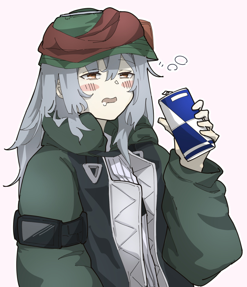 1girl bangs blush brown_eyes eyebrows_visible_through_hair g11_(girls'_frontline) girls_frontline green_headwear green_jacket grey_hair highres holding holding_jar jacket jar long_hair looking_away open_clothes open_jacket open_mouth shitamichi_4444 simple_background sleepy solo upper_body