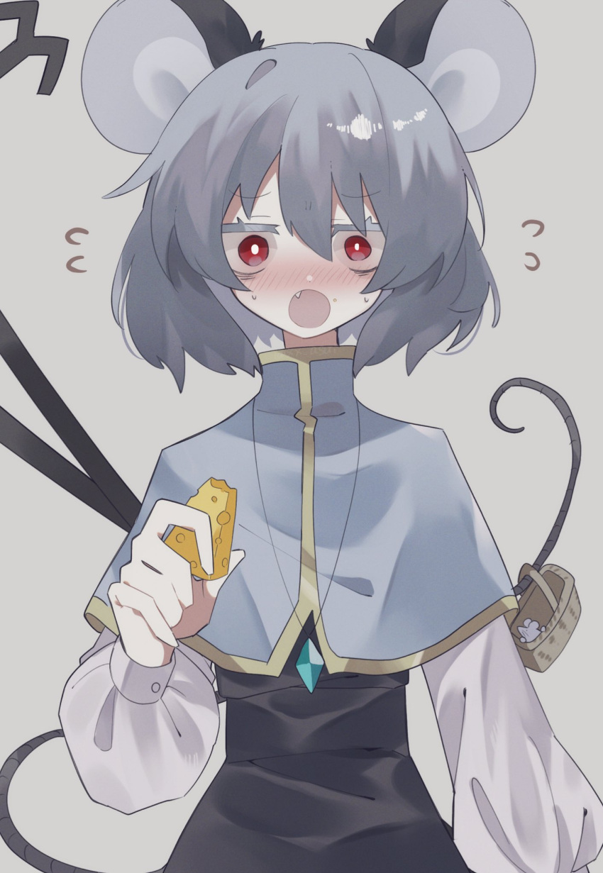 1girl animal animal_ears basket black_dress blush capelet cheese dress fang flying_sweatdrops food grey_background grey_capelet grey_hair highres holding holding_food jewelry long_sleeves mouse mouse_ears mouse_tail nazrin one-hour_drawing_challenge open_mouth pendant red_eyes short_hair simple_background solo tail touhou upper_body xx_asui