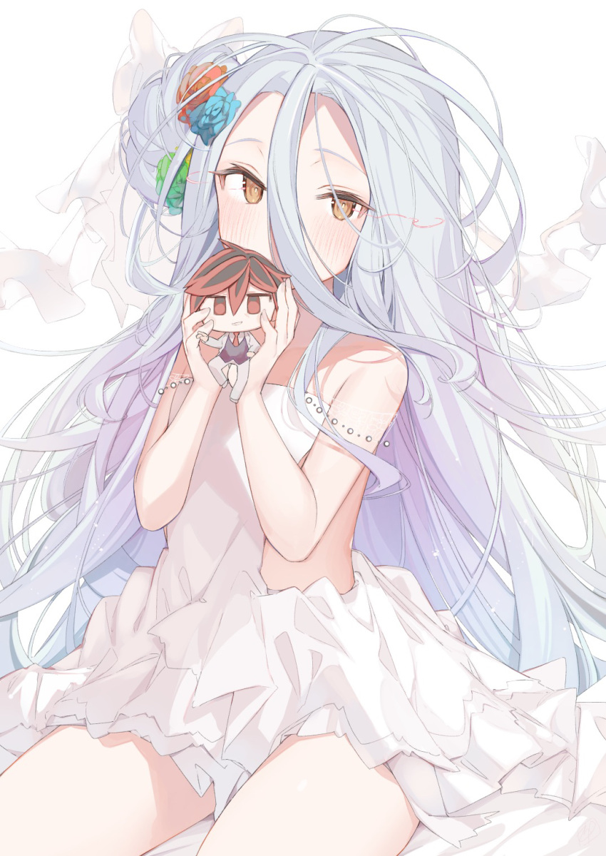 1girl bangs bare_arms bare_shoulders blue_flower blush brown_eyes character_doll commentary_request covered_mouth doll dress flower green_flower grey_hair hair_between_eyes hair_bun hair_flower hair_ornament hands_up highres holding holding_doll long_hair no_game_no_life red_flower shin_no_tenpii shiro_(no_game_no_life) side_bun simple_background sitting solo sora_(no_game_no_life) very_long_hair white_background white_dress
