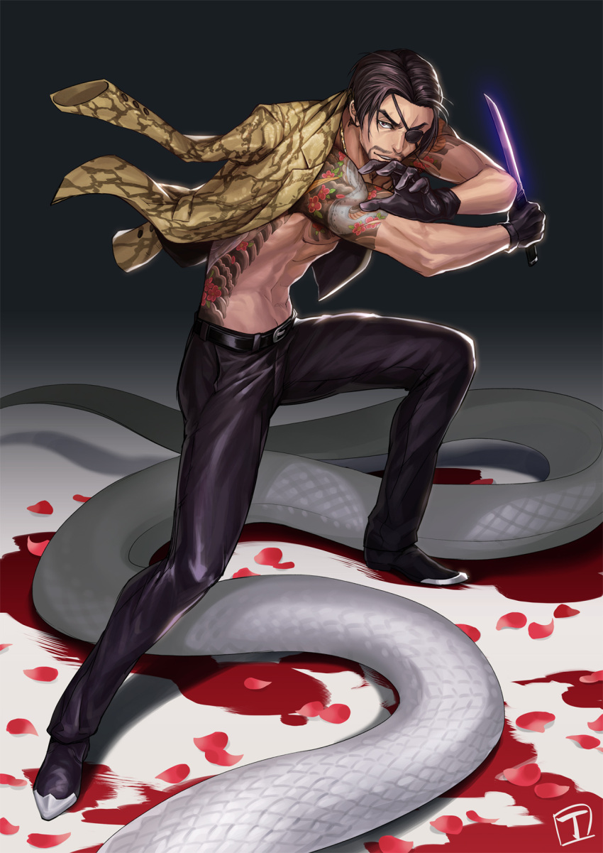 1boy abs animal_print belt birthday black_belt black_gloves black_hair black_pants blood bt_guardjung eyepatch facial_hair fighting_stance flower_tattoo gloves goatee happy_birthday highres holding holding_knife jacket jacket_on_shoulders knife looking_at_viewer majima_gorou male_focus muscular muscular_male navel one_eye_covered pants ryuu_ga_gotoku ryuu_ga_gotoku_1 short_sword smile snake_print solo sword tantou tattoo weapon