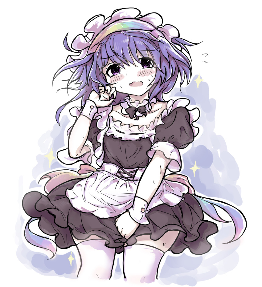 1girl apron blue_hair blush covering covering_crotch eyebrows_visible_through_hair hairband highres laoshezhang looking_at_viewer maid maid_apron multicolored_clothes multicolored_headwear open_mouth socks socks_over_thighhighs solo sweat tenkyuu_chimata touhou unconnected_marketeers white_background