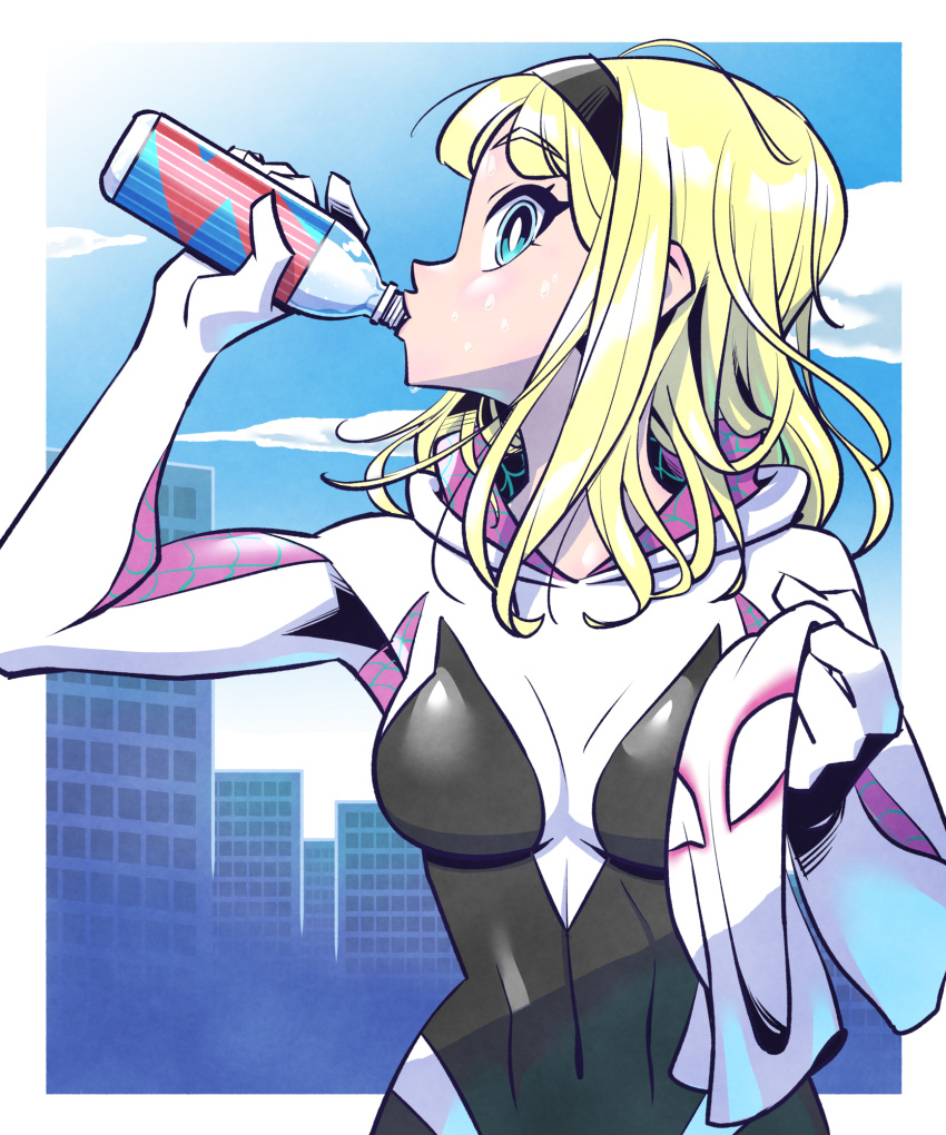 bangs black_hairband blonde_hair blue_eyes blue_sky bottle breasts building cityscape clouds costume drinking eyebrows_visible_through_hair hairband highres looking_at_viewer looking_to_the_side marvel mask mask_removed medium_breasts messy_hair short_hair sky spider-gwen spider-man:_into_the_spider-verse spider-man_(series) sunafuki_tabito sweat turning_head water_bottle western_comics_(style)